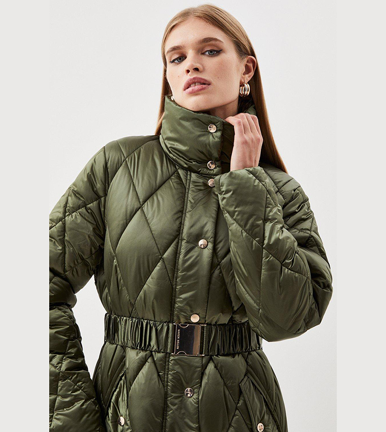 Buy Karen Millen Diamond Quilted Puffer Longline Belted Coat In Khaki 6thStreet UAE