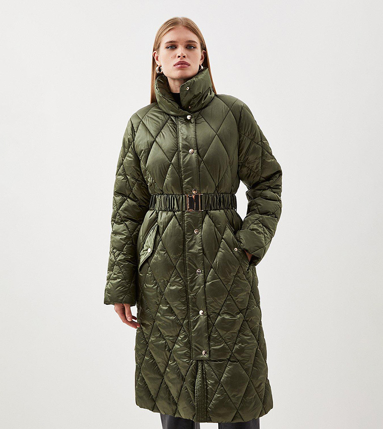 Buy Karen Millen Diamond Quilted Puffer Longline Belted Coat In Khaki ...