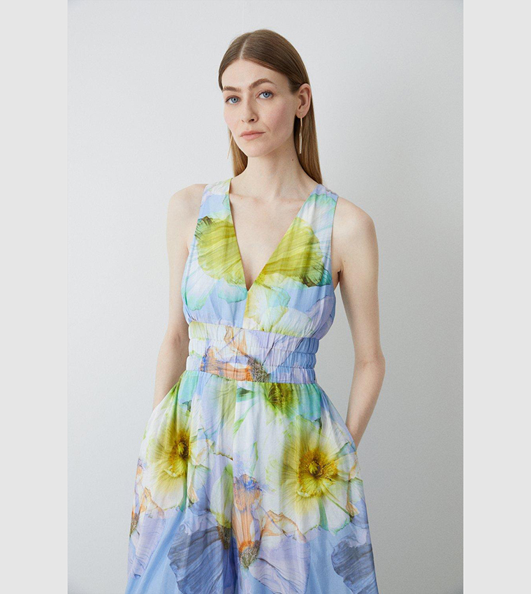 Buy Karen Millen Photographic Floral Silk Cotton Wide Leg Jumpsuit In Blue 6thStreet Bahrain