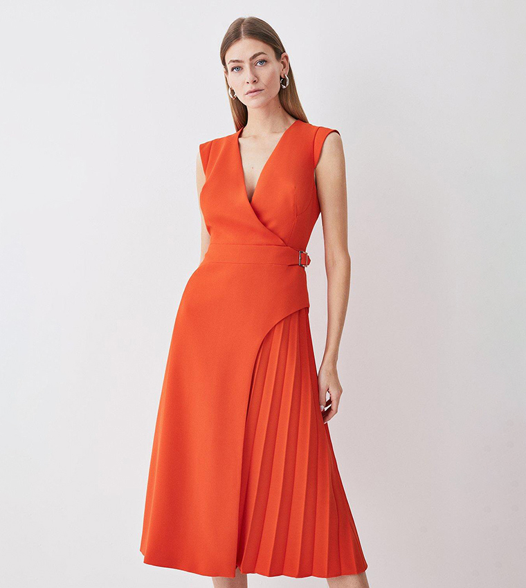 Buy Karen Millen Tailored Military Pleat Midi Dress In Orange ...