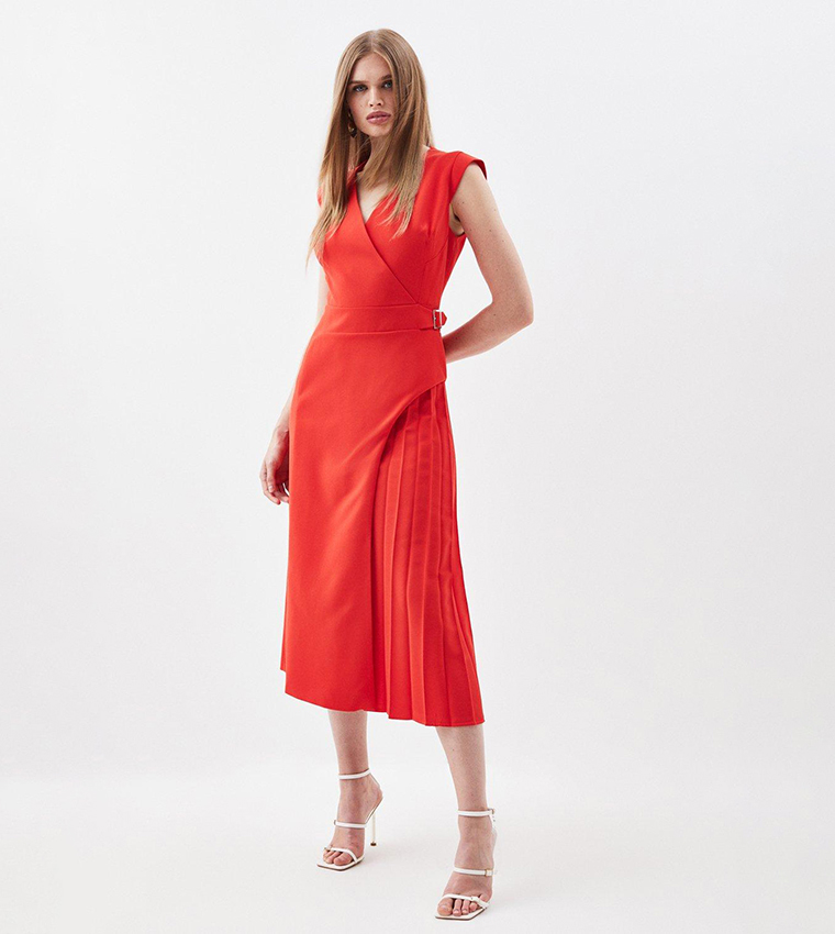 karen millen red pleated dress Red Petite Viscose Blend Knit Halter Neck Sheer Skirt Midaxi Dress