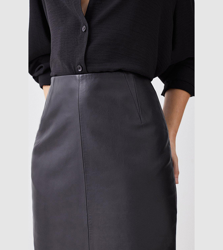 Buy Karen Millen Leather Waist Dart Detail Midi Skirt In Black 6thStreet Kuwait