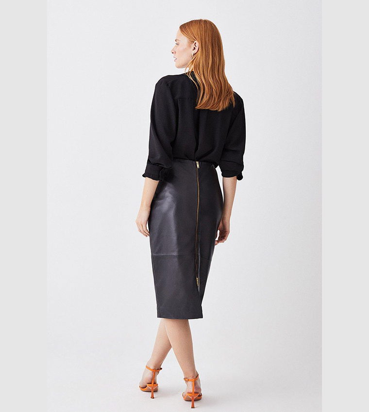 Buy Karen Millen Leather Waist Dart Detail Midi Skirt In Black 6thStreet Kuwait