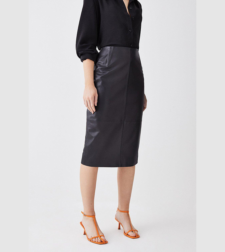 Buy Karen Millen Leather Waist Dart Detail Midi Skirt In Black 6thStreet Kuwait