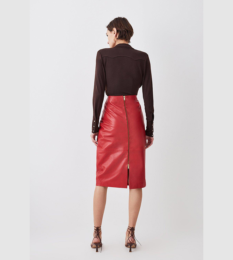 Buy Karen Millen Leather Waist Dart Detail Midi Skirt In Red 6thStreet Bahrain