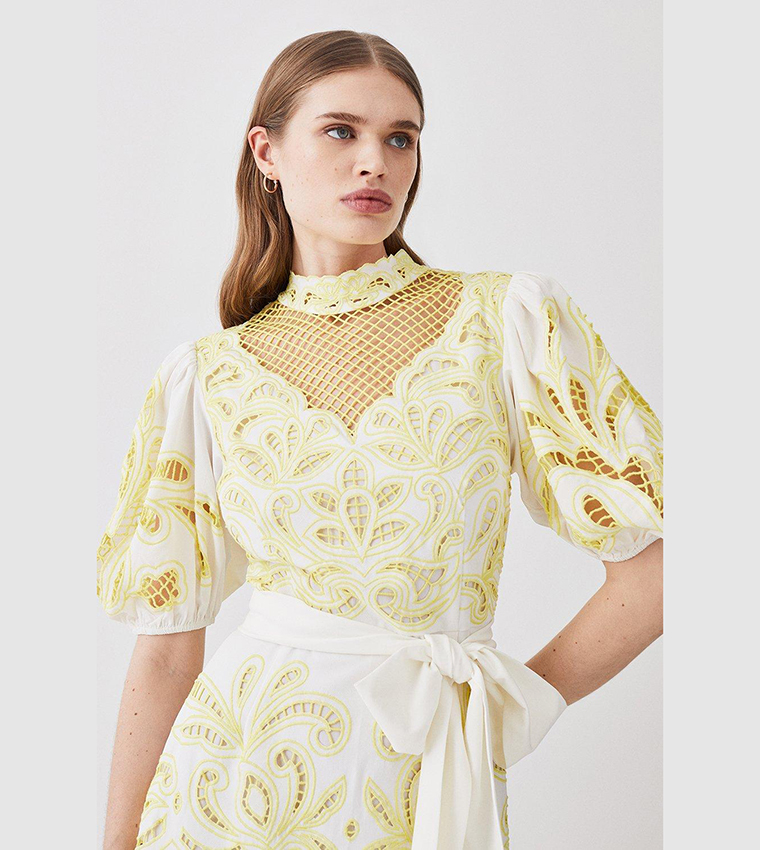 Buy Karen Millen Cutwork Twill Woven Maxi Dress In Yellow | 6thstreet Oman