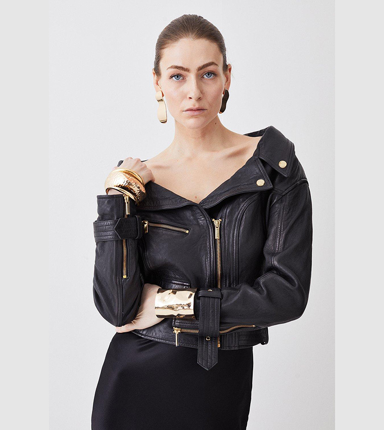 Buy Karen Millen Washed Leather Off The Shoulder Biker Jacket In Black