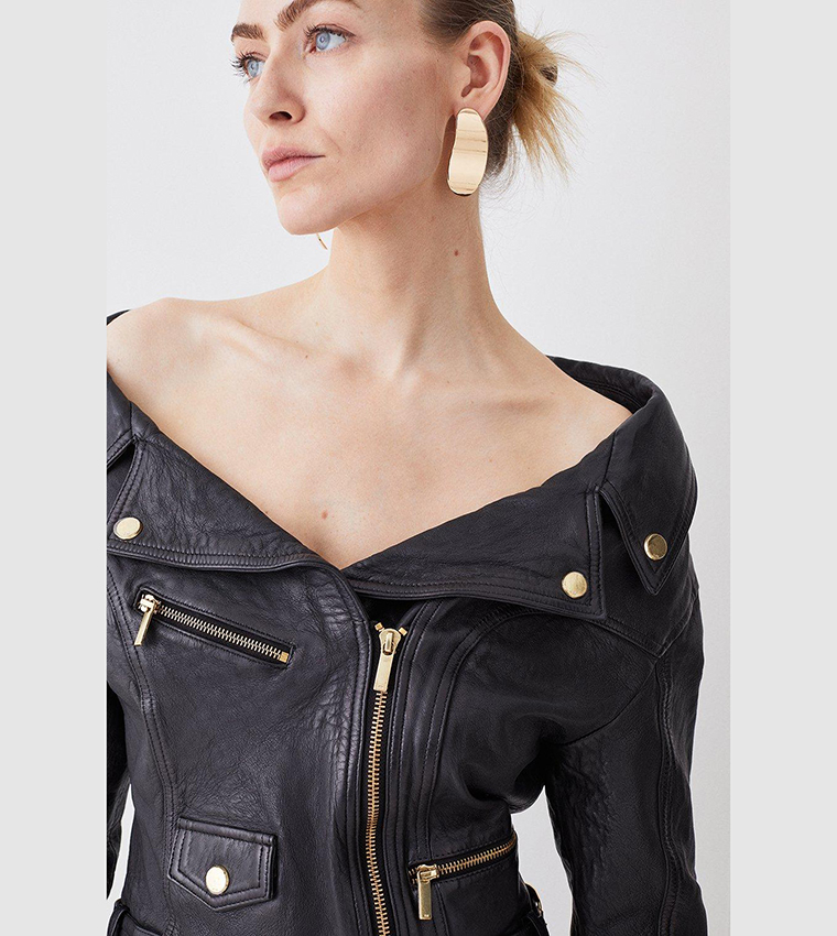 Buy Karen Millen Washed Leather Off The Shoulder Biker Jacket In Black