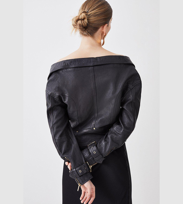 Buy Karen Millen Washed Leather Off The Shoulder Biker Jacket In Black
