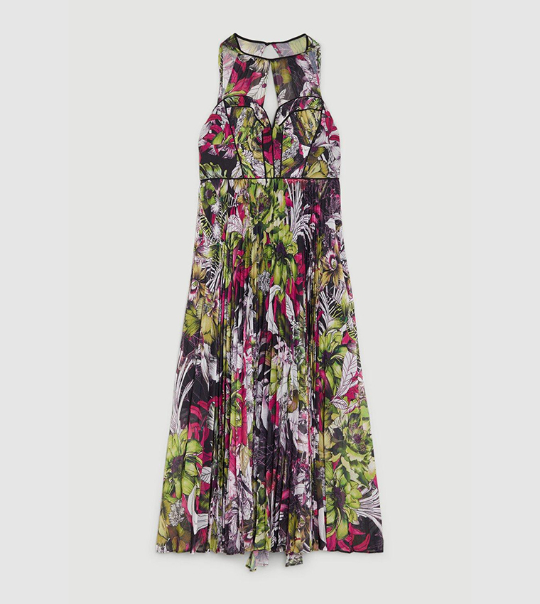 Tall Corset Detail Floral Pleated Woven Maxi Dress