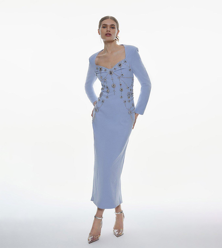 Buy Karen Millen Crystal Embellished Sleeved Woven Midi Dress In Blue 6thStreet Qatar