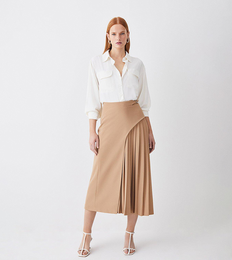 Buckle Detail Pleated Midi Skirt