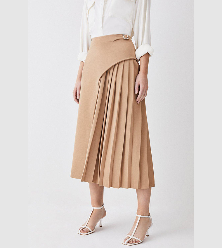 Buckle Detail Pleated Midi Skirt