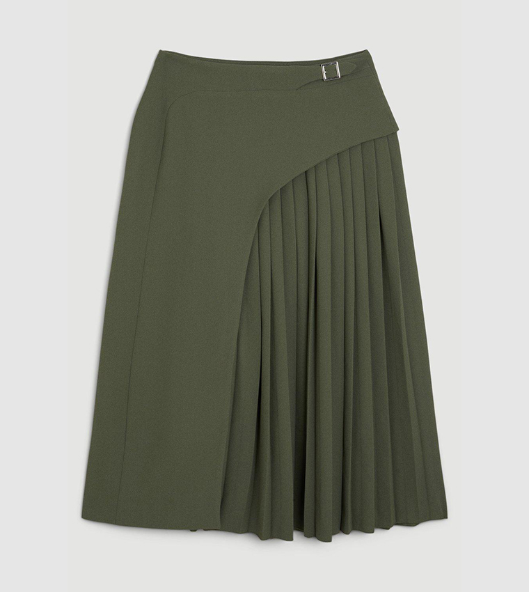 Buckle Detail Pleated Midi Skirt
