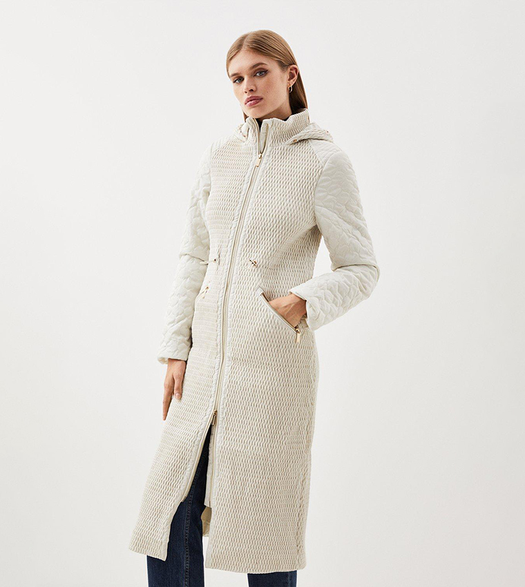 Buy Karen Millen Signature Quilt Faux Fur Hood Longline Coat In Cream