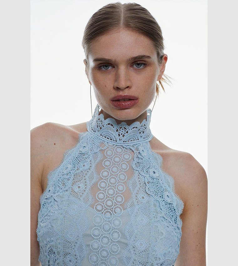 Buy Karen Millen Tall Guipure Lace Mirrored Floral Pleated Woven Midi Dress  In Blue | 6thstreet UAE