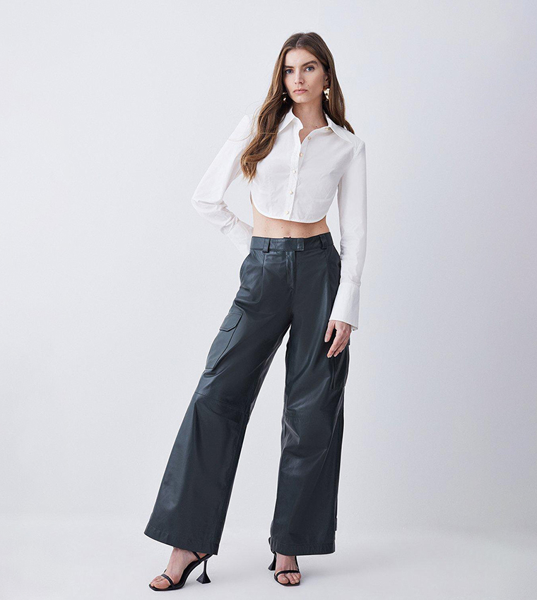 Leather Belted High Waisted Wide Leg Pants | Karen Millen