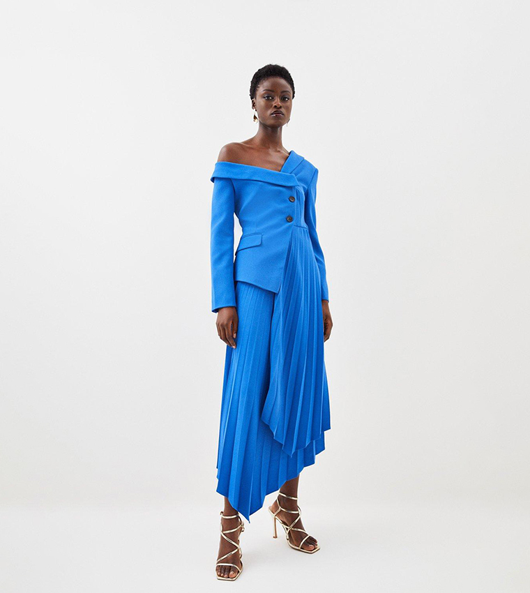 Buy Karen Millen Tailored Crepe Asymmetric Pleated Midi Dress In COBALT