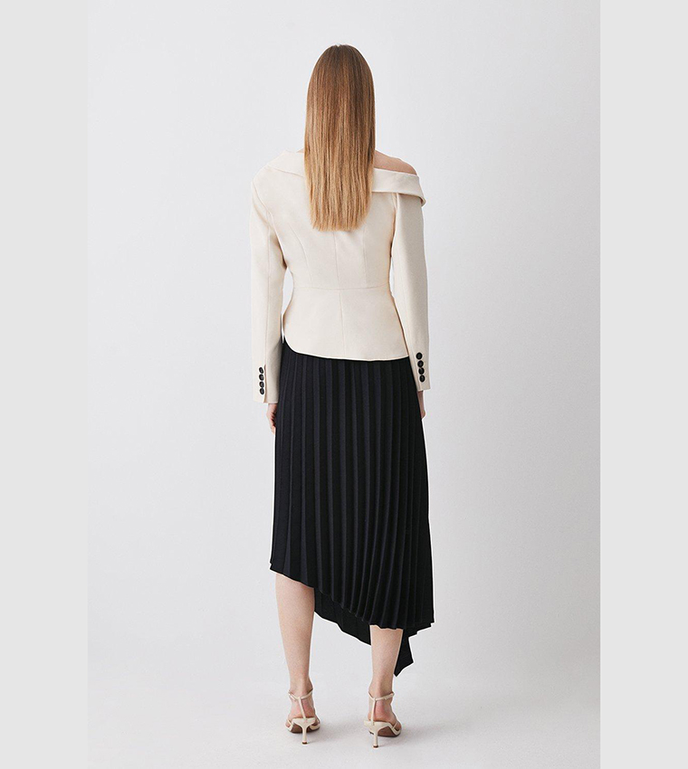 tailored crepe asymmetric pleated midi dress Karen Millen Tailored Crepe Asymmetric Pleated Midi Dress in Black