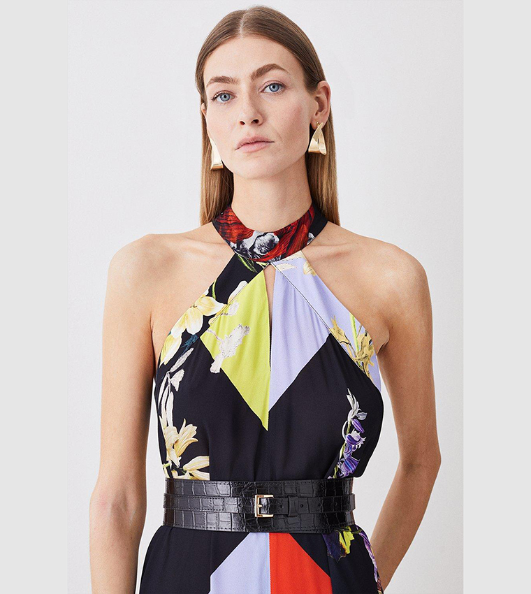 Buy Karen Millen Color Block Floral Halter Neck Woven Midi Dress In Multiple Colors 6thStreet Bahrain