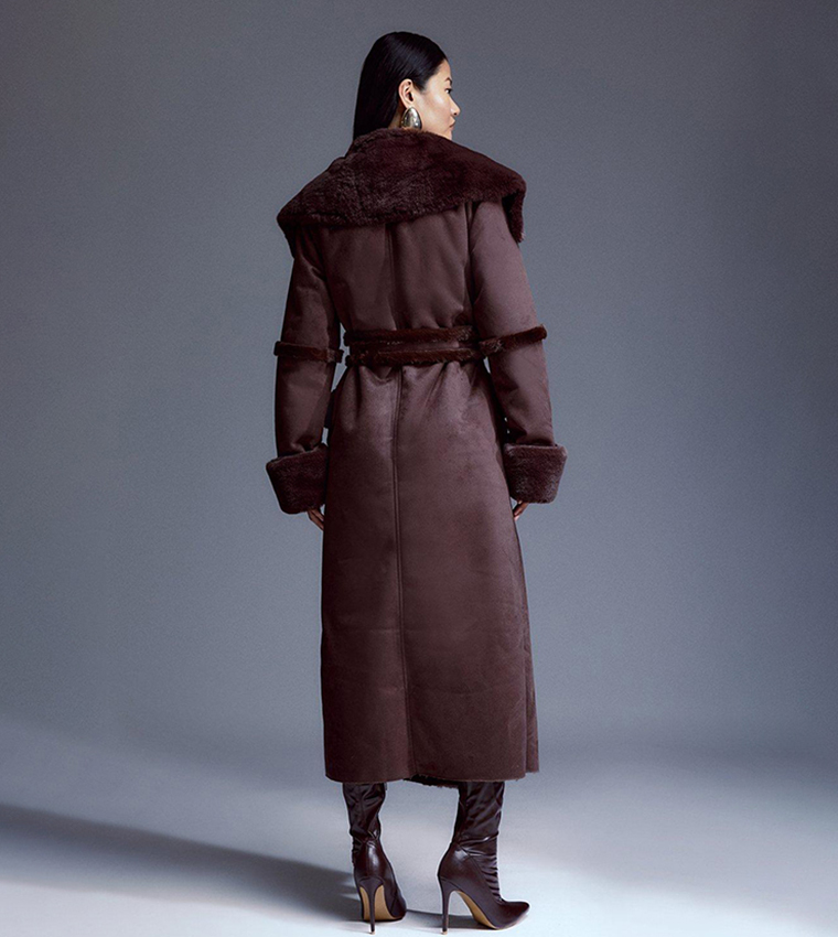 Buy Karen Millen Faux Shearling Collar And Cuff Tie Belt Maxi Coat - Main Image