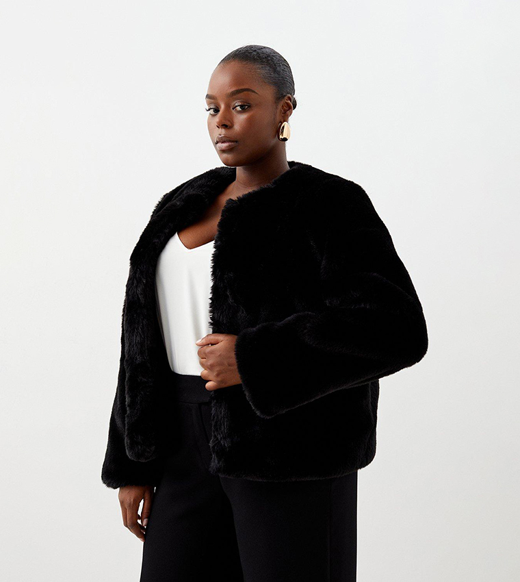 Buy Karen Millen Faux Fur Collarless Jacket In Black | 6thStreet UAE