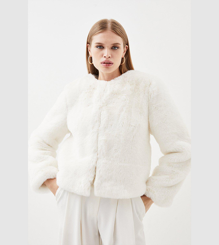 Buy Karen Millen Faux Fur Collarless Jacket In White | 6thStreet UAE