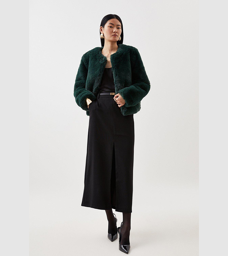 Buy Karen Millen Faux Fur Collarless Casual Jacket In Green