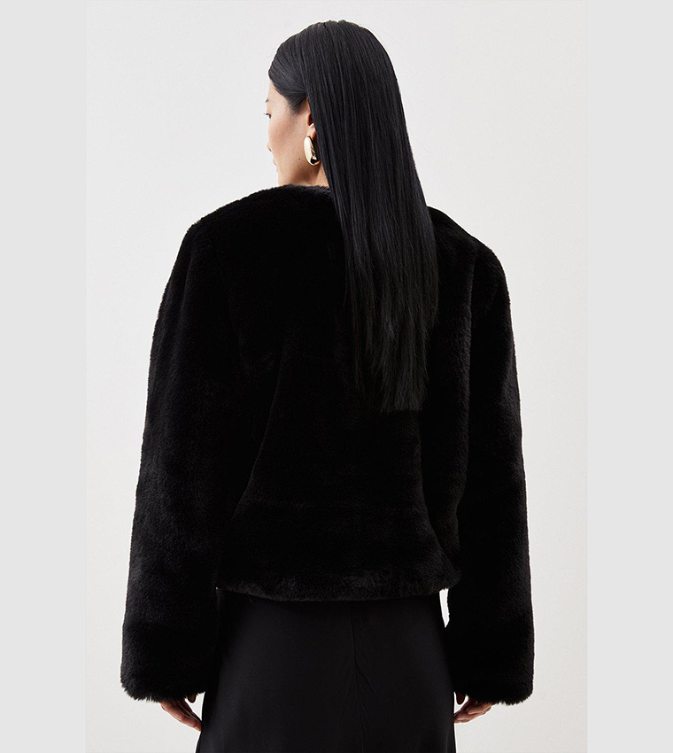 Black faux clearance fur collarless jacket