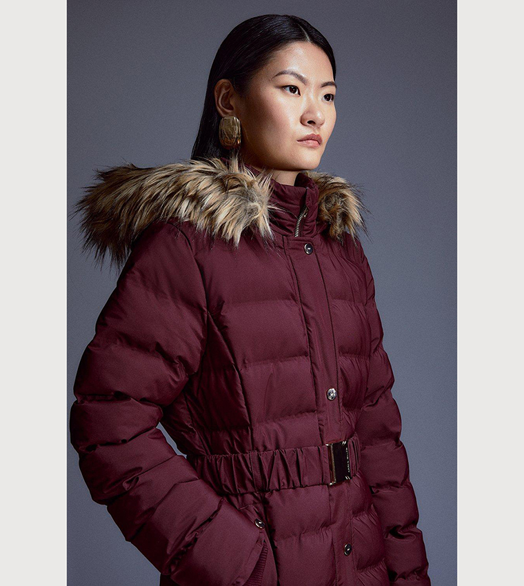 Faux Fur Lined Belted Puffer Coat | Karen Millen