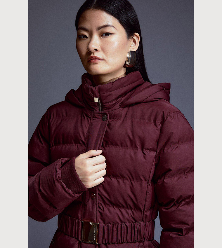 Buy Karen Millen Heat Seal Puffer Belted Faux Fur Hood Longline Jacket In Berry 6thStreet Kuwait