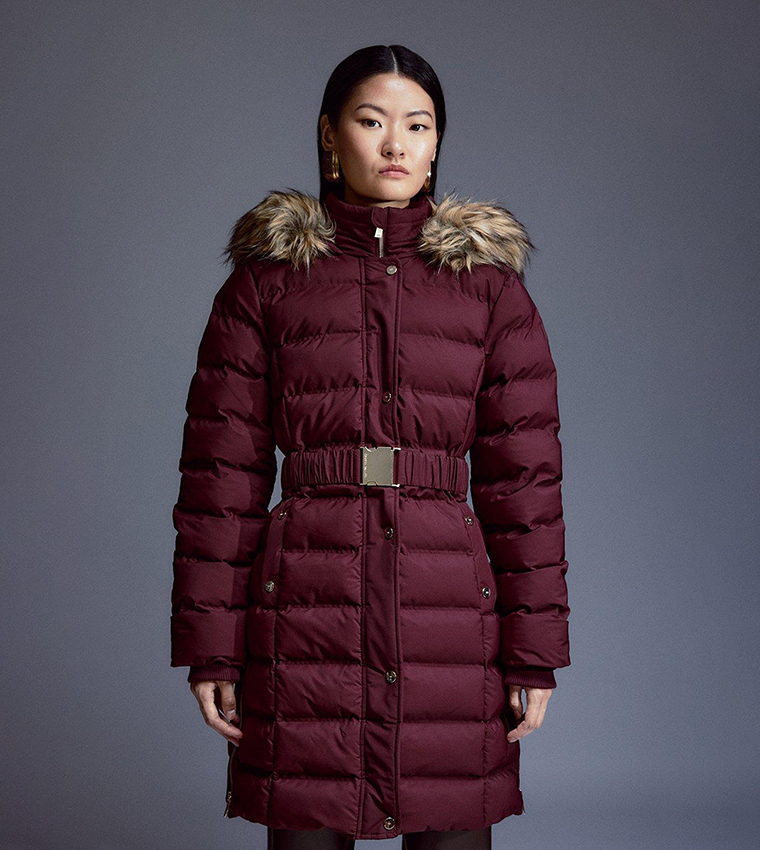 Buy Karen Millen Heat Seal Puffer Belted Faux Fur Hood Jacket In