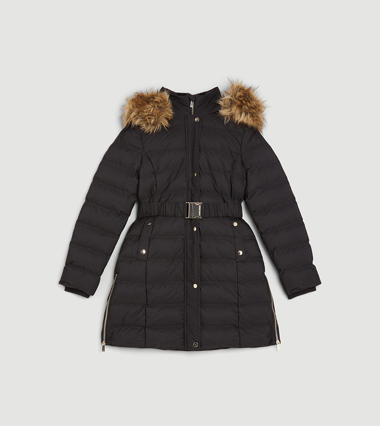 Buy Karen Millen Heat Seal Puffer Belted Faux Fur Hood Jacket In Black ...