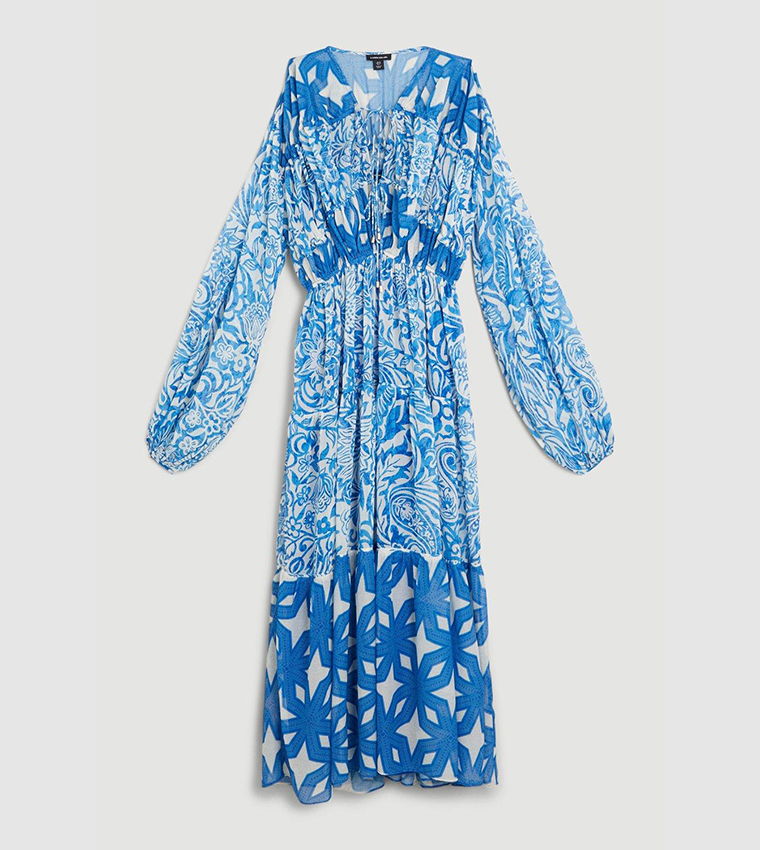 Buy Karen Millen Floral Paisley Crinkle Shirred Tiered Woven Maxi Dress ...