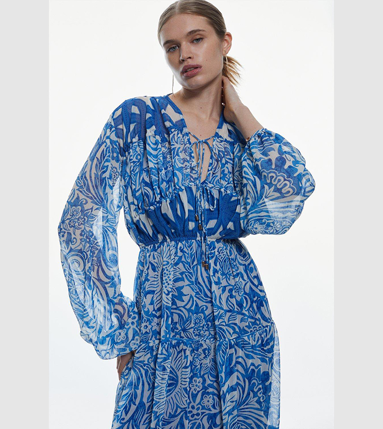 Buy Karen Millen Floral Paisley Crinkle Shirred Tiered Woven Maxi Dress ...