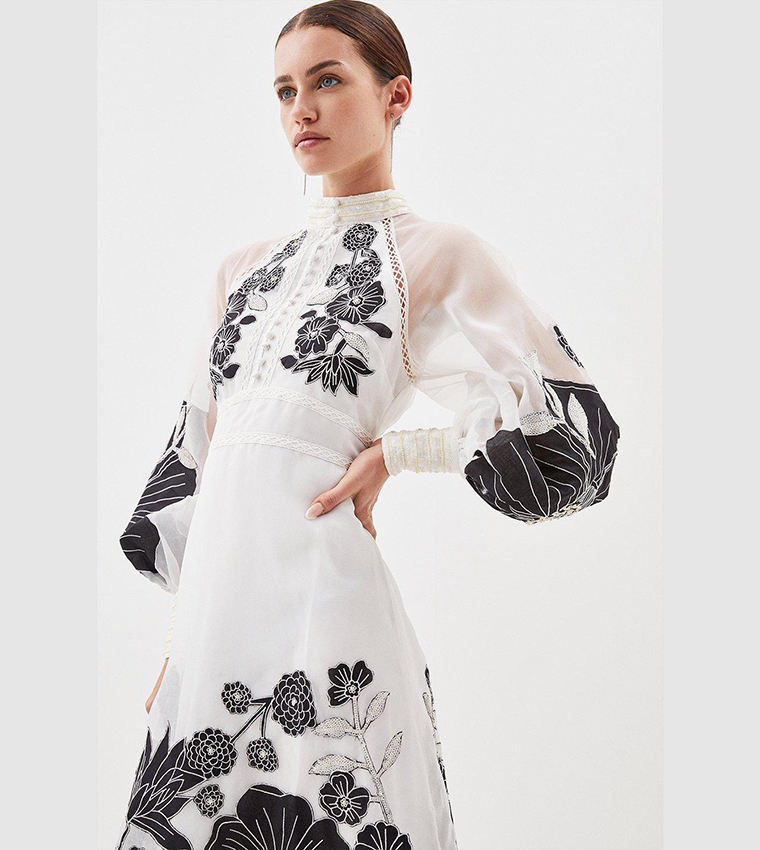 Organdie Applique Buttoned Woven Midi Dress