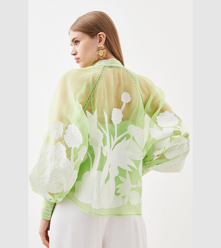 Buy Karen Millen Organdie Applique Buttoned Woven Top In Lime 