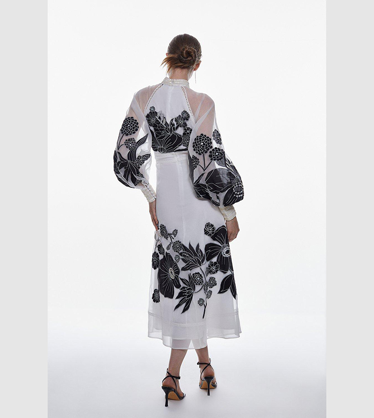 chinese dress ladies Applique Organdie Buttoned Woven Maxi Dress