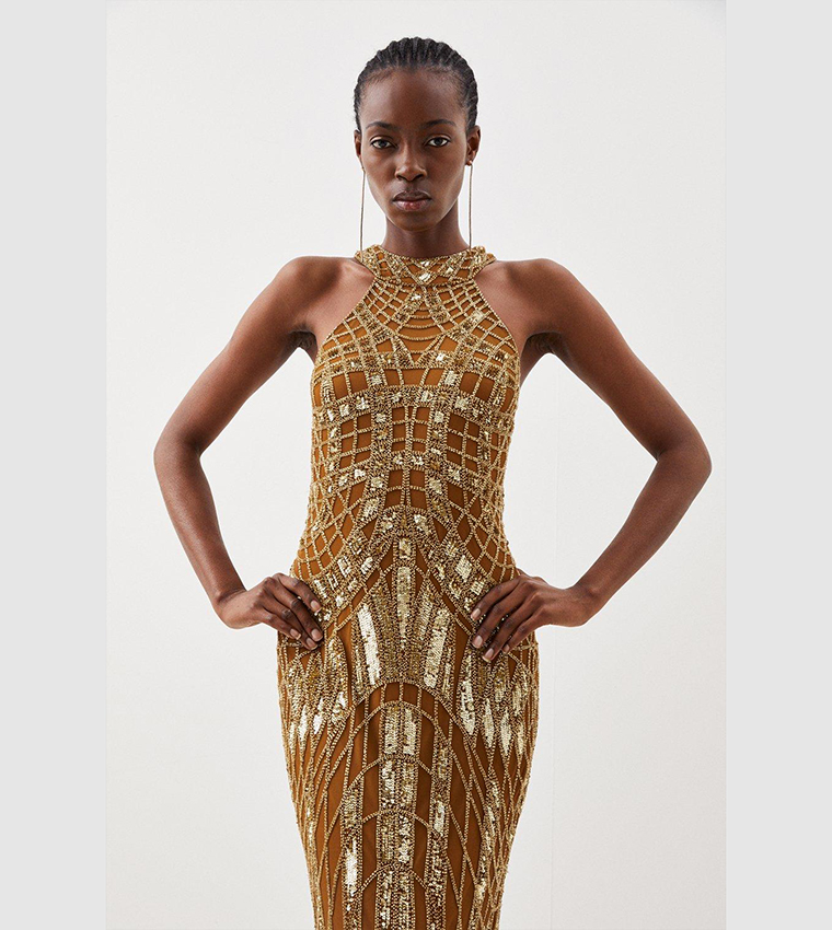 Buy Karen Millen Embellished Geo Halter Maxi Dress In Gold 6thStreet Bahrain