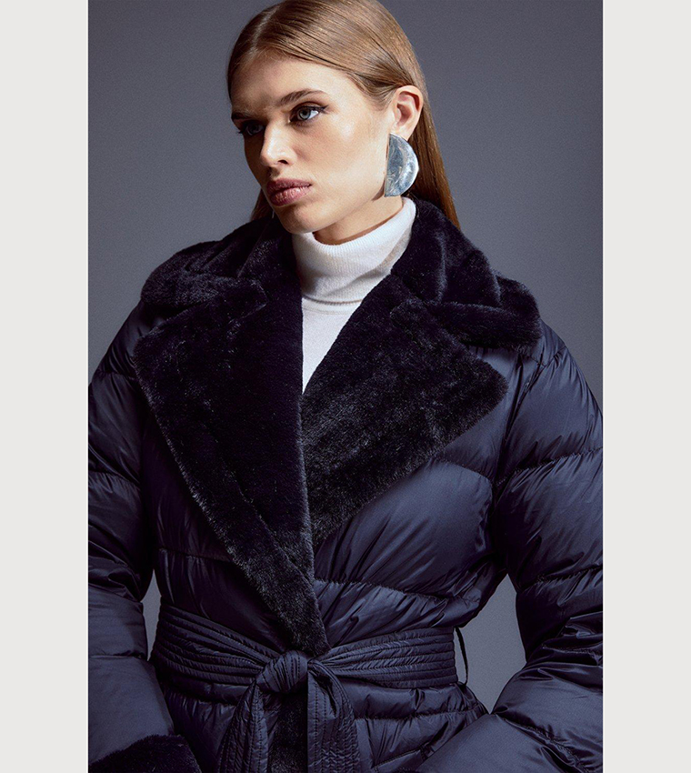 Buy Karen Millen Faux Fur Lined Belted Puffer Coat In Black | 6thStreet ...