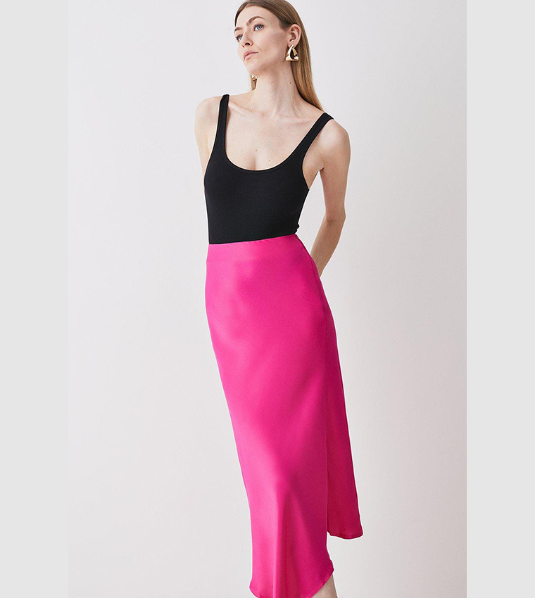 Buy Karen Millen Satin Asymmetric Slip Midi Skirt In Pink 6thstreet Uae