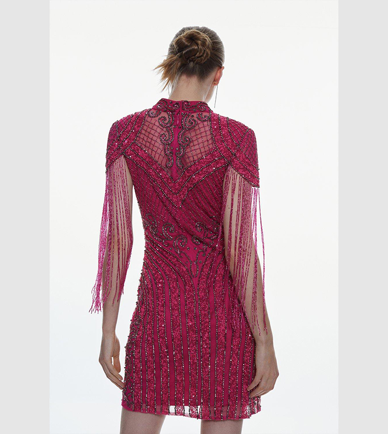 Buy Karen Millen Fringe And Beaded Cap Sleeve Mini Dress In Hot