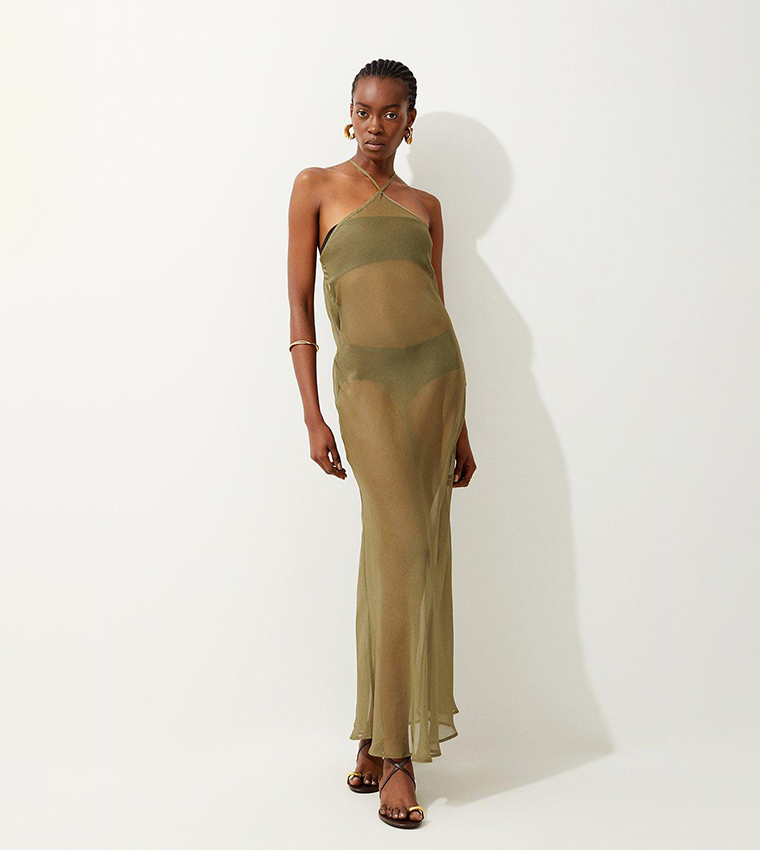 karen millen beach dresses Green Viscose Linen Woven Maxi Beach Dress