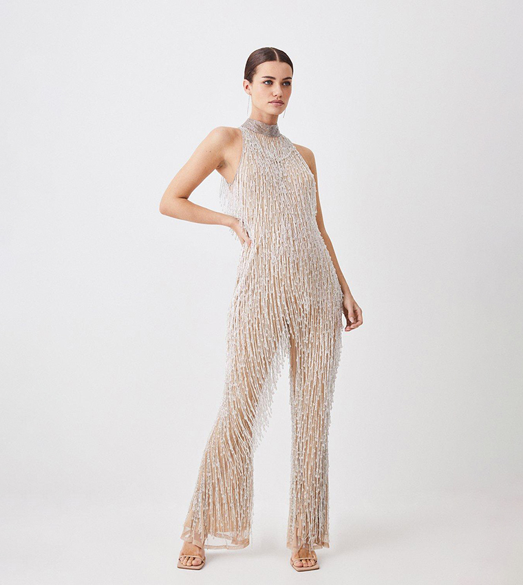 Buy Karen Millen Beaded Fringed Halter Embellished Jumpsuit In 