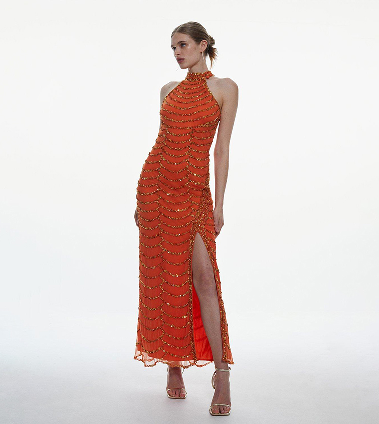 karen millen orange maxi dress Karen Millen Womens Sparkle Iridescent Strappy Maxi Dress - Orange