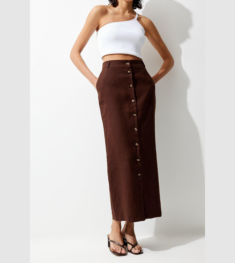 Linen Tailored Pencil Midi Skirt