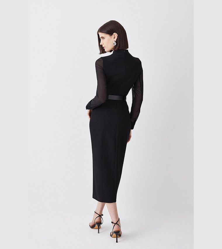 Buy Karen Millen Forever Belted Long Sheer Sleeved Tailored Midi Dress In  Black