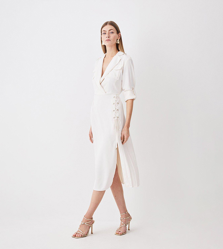 strapless open back dress Karen Millen Cream Tailored Crepe Pleated Midi Shirt Dress UK 10 main image 1