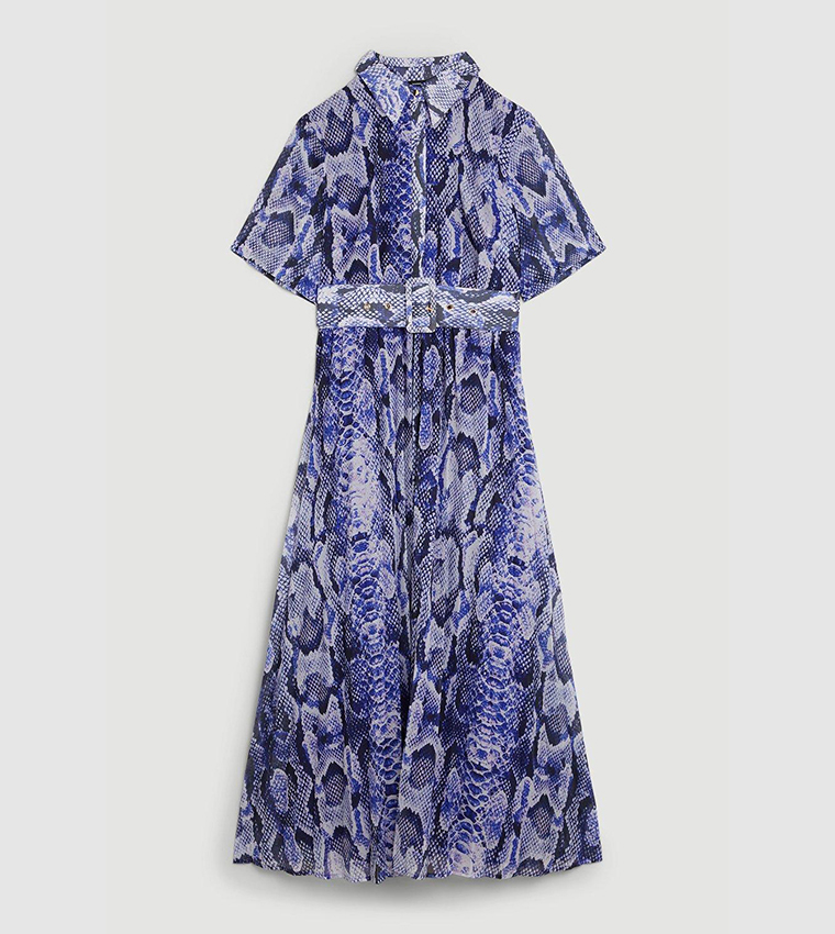 Buy Karen Millen Snake Printed Georgette Pleated Midi Shirt Dress In ...