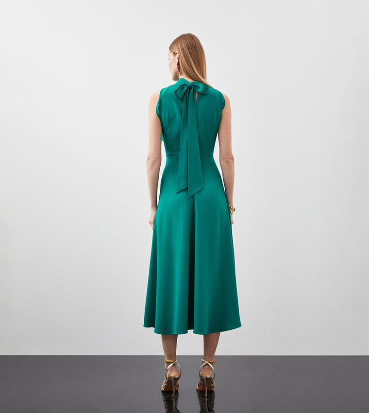 Buy Karen Millen Compact Stretch Viscose Tailored High Neck Tie Detail Midi  Dress In Green